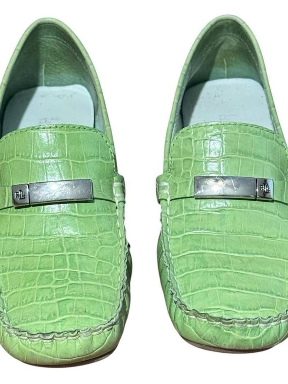 Ralph Lauren Green Croc-Embossed Leather Bit Loafers